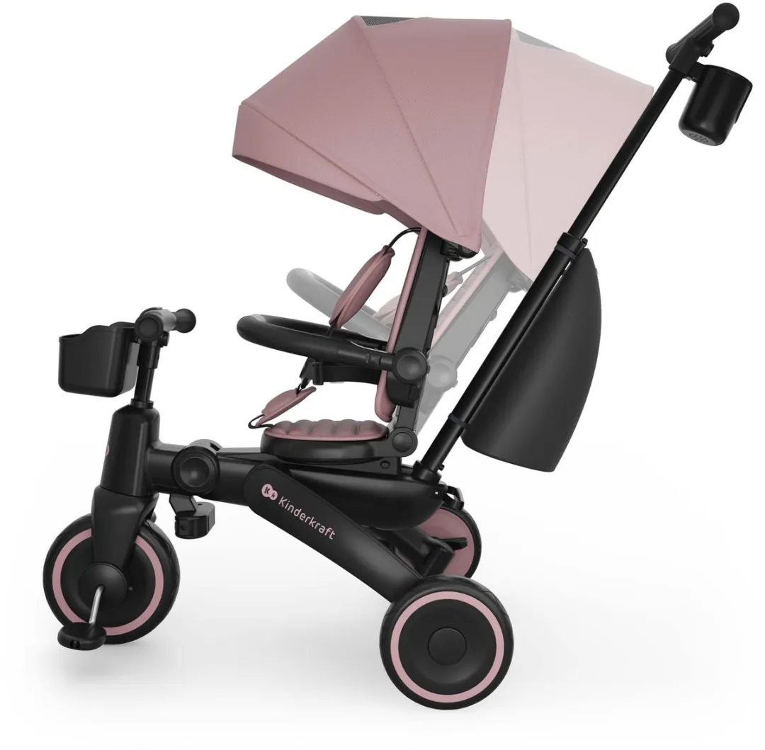 Kinderkraft JAZZ 3 Driewieler – 9 maanden tot 5 jaar – Inklapbaar & Lichtgewicht – 360° Draaibare Click & Twist Stoel – Verstelbare Oudergreep & Zonnekap – Roze