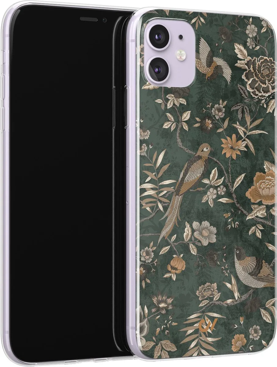 Casevibes iPhone 11 Hoesje Groen - Khaki Golden Flowers