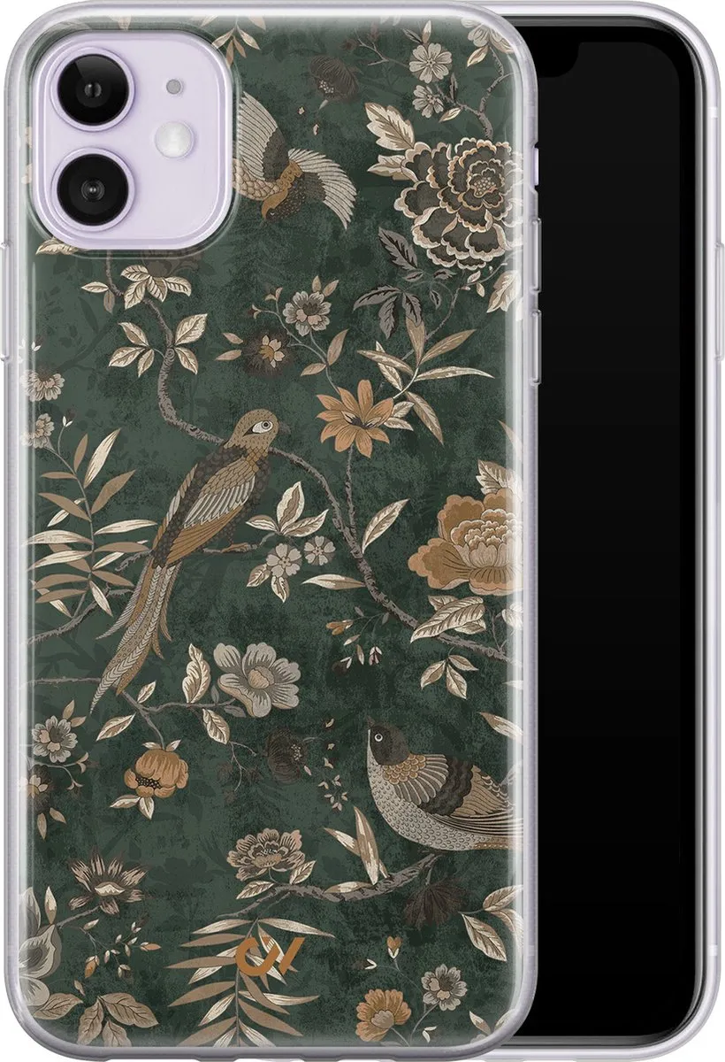 Casevibes iPhone 11 Hoesje Groen - Khaki Golden Flowers