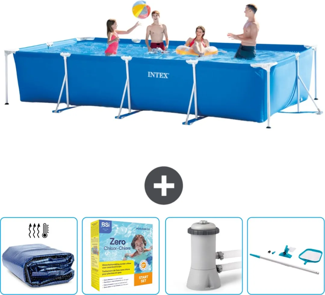 Intex Rechthoekig Frame Zwembad - 450 x 220 x 84 cm - Blauw - Inclusief Solarzeil - Onderhoudspakket - Zwembadfilterpomp - Schoonmaakset