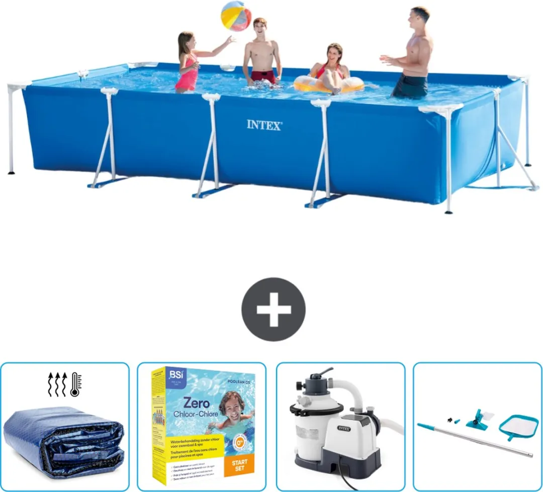 Intex Rechthoekig Frame Zwembad - 450 x 220 x 84 cm - Blauw - Inclusief Solarzeil - Onderhoudspakket - Zwembadfilterpomp - Schoonmaakset