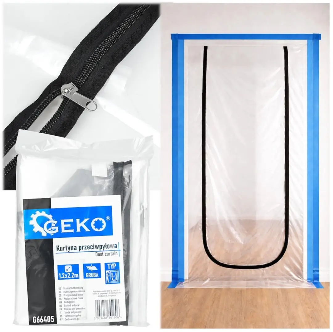 GEKO Stofdeur afdekfolie 220 x 120 cm met U rits, lichtdoorlatend en snel te mon