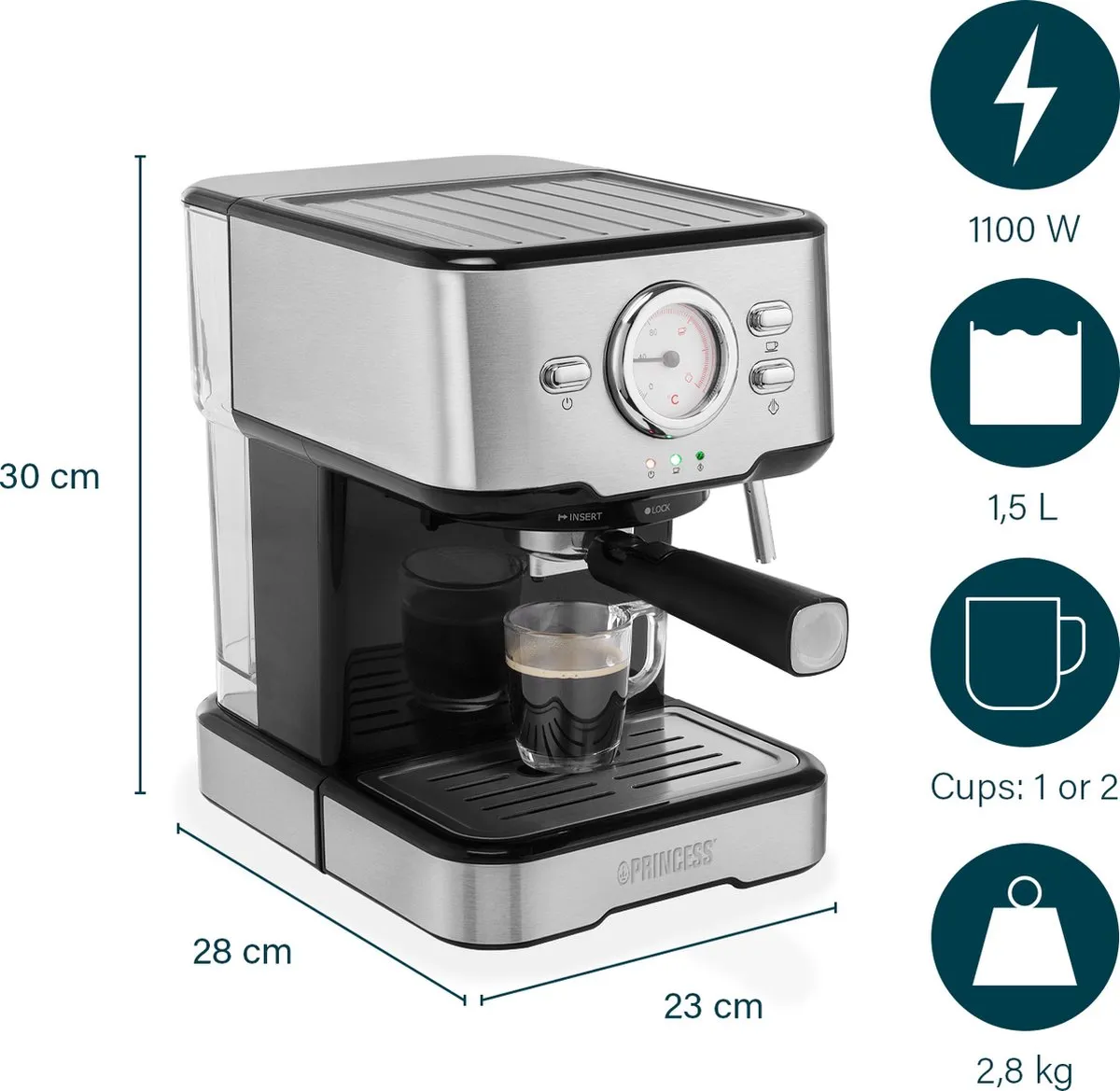 Princess 249412 Espressomachine - 2 Kopjes - 1,5L - Grijs/Zwart