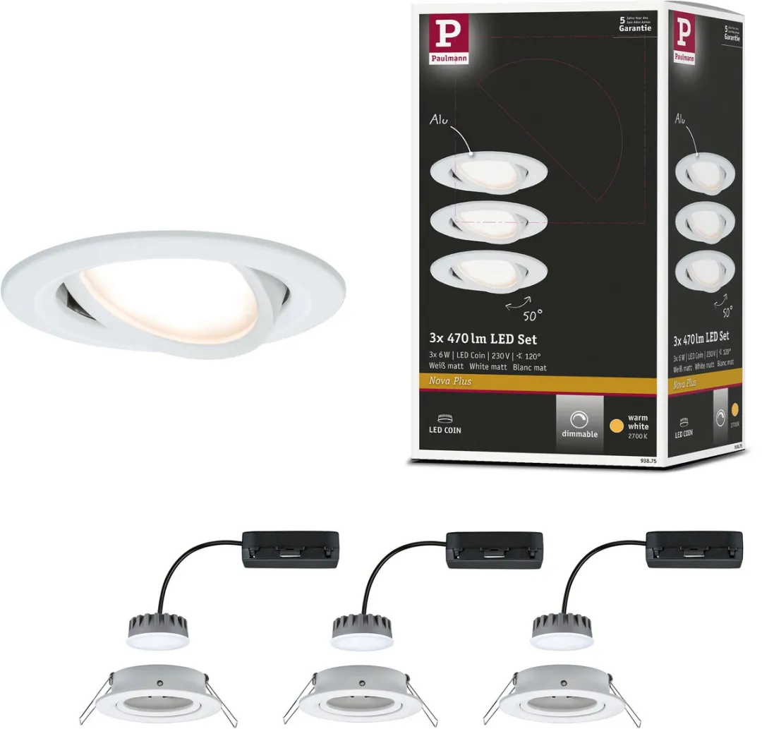 Paulmann Nova Plus Coin Basisset LED-inbouwlamp 3x6W 470lm 2700K - Wit mat
