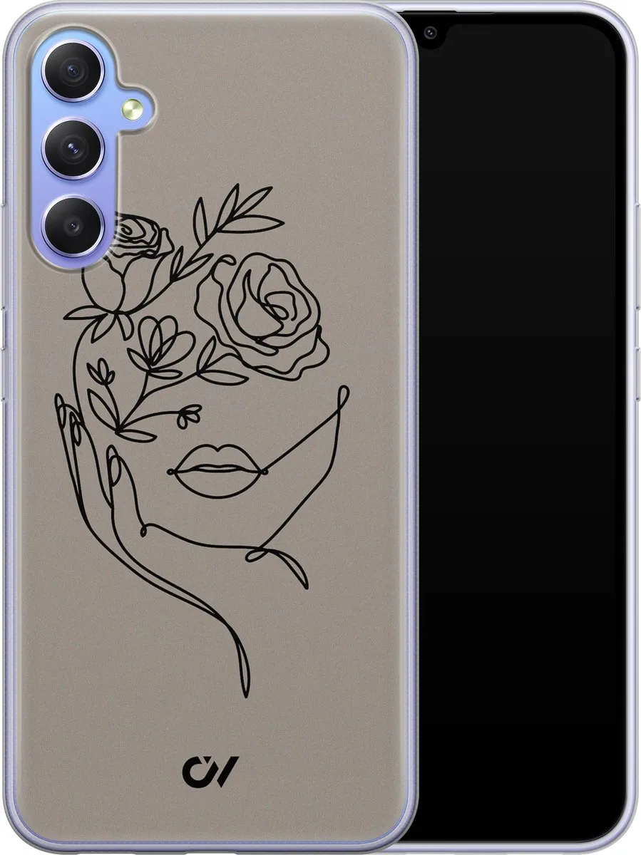 Casevibes Samsung Galaxy A34 Hoesje - Oneline Face Flower - Grijs