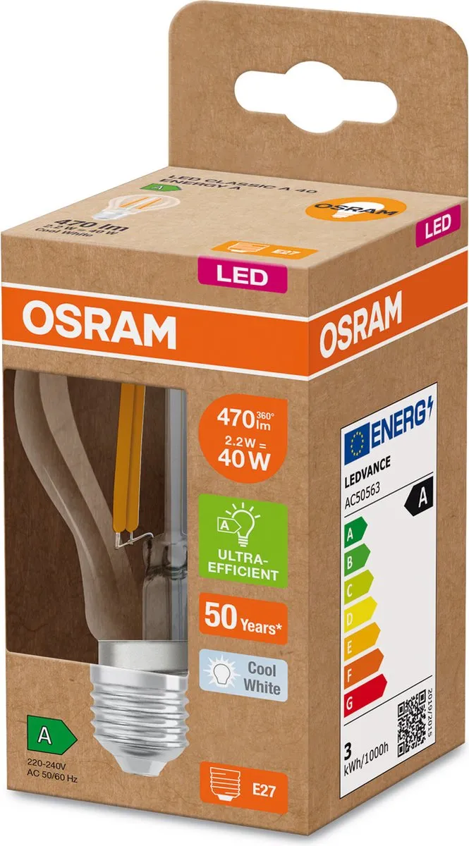 Osram LED Superstar Classic A FIL 40 - 2,2W 470lm E27 Koelwit - afbeelding 6 van 6