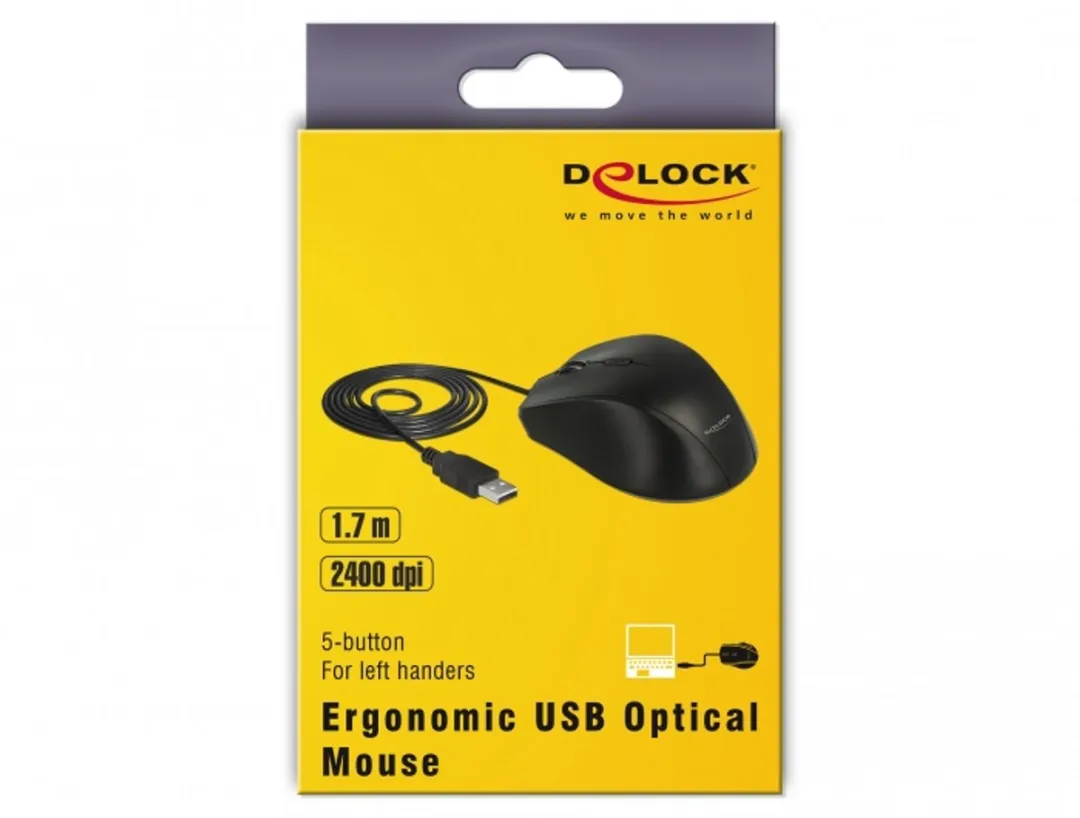 Delock 12548 USB Muis Linkshandig - 5 Knoppen 800-2400 DPI - Zwart