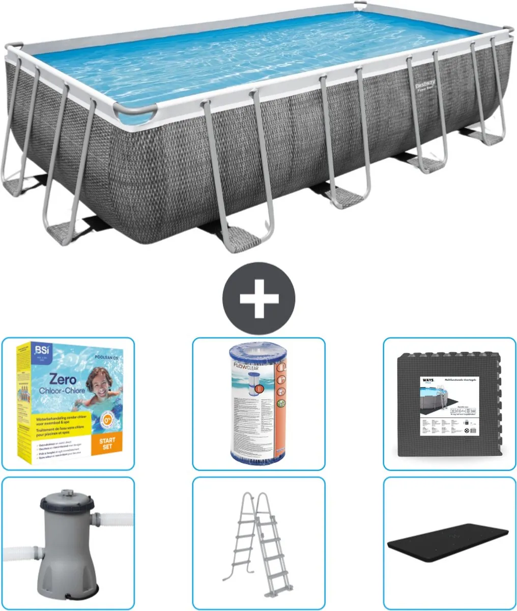 Bestway Rechthoekig Power Steel Zwembad - Rattanprint - 488 x 244 x 122 - Inclusief Pomp - Ladder - Afdekzeil Onderhoudspakket - Filter - Vloertegels