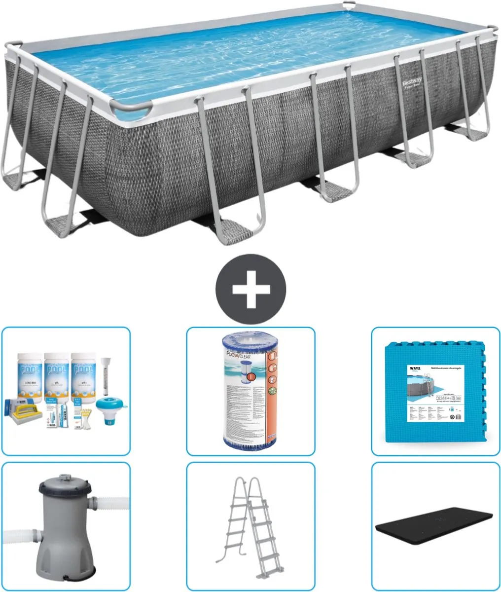 Bestway Rechthoekig Power Steel Zwembad - Rattanprint - 488 x 244 x 122 - Inclusief Pomp - Ladder - Afdekzeil Onderhoudspakket - Filter - Vloertegels