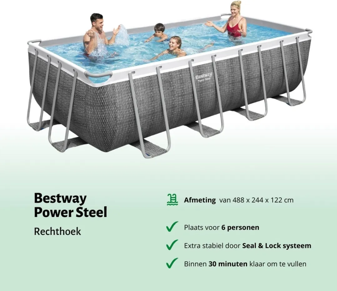 Bestway Rechthoekig Power Steel Zwembad - Rattanprint - 488 x 244 x 122 - Inclusief Pomp - Ladder - Afdekzeil Onderhoudspakket - Filter - Vloertegels