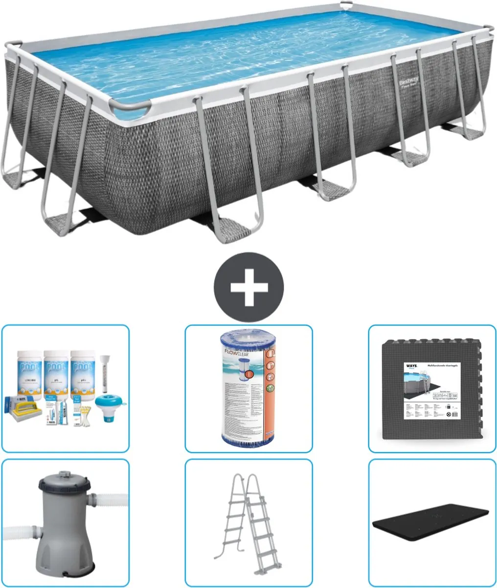 Bestway Rechthoekig Power Steel Zwembad - Rattanprint - 488 x 244 x 122 - Inclusief Pomp - Ladder - Afdekzeil Onderhoudspakket - Filter - Vloertegels