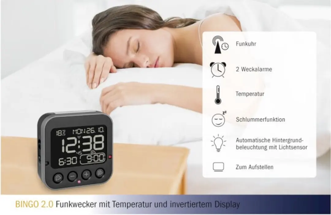 TFA Dostmann 60.2552.01 Zendergestuurde Wekker - Zwart - afbeelding 3 van 6