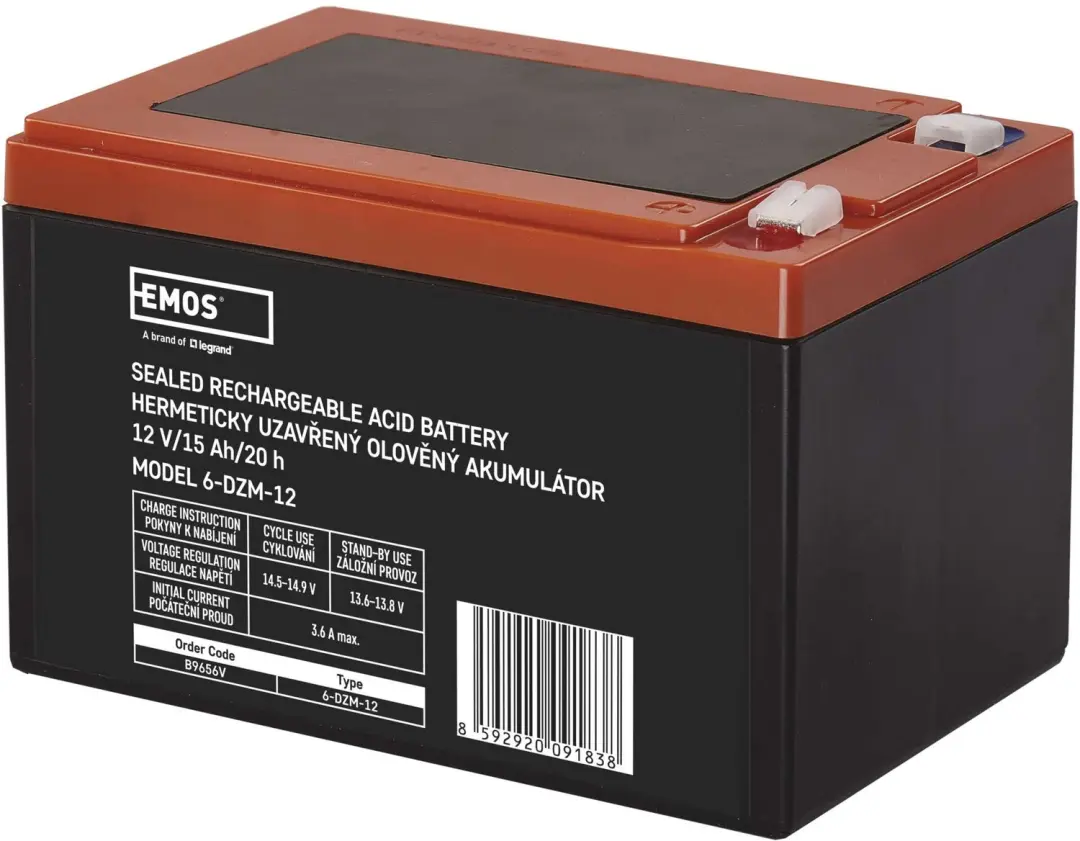 EMOS Onderhoudsvrije loodaccu voor tractie. 12 V/15 Ah, Faston 6,3 mm, B9656V