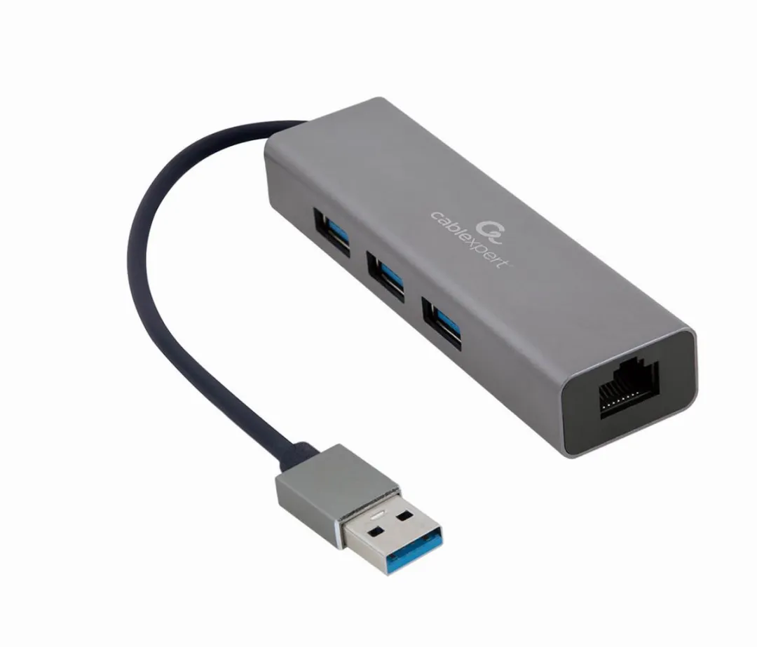 Gembird USB 3.0 Hub 3-Poorts - Gigabit Ethernet 8716309120531 - Grijs