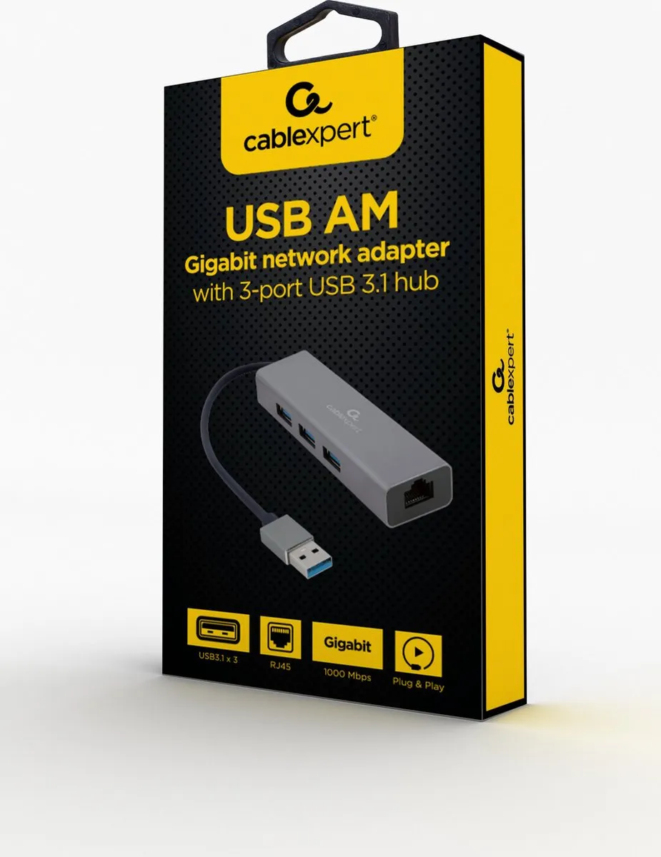 Gembird USB 3.0 Hub 3-Poorts - Gigabit Ethernet 8716309120531 - Grijs