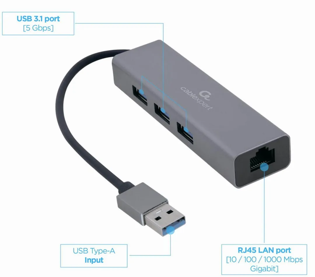 Gembird USB 3.0 Hub 3-Poorts - Gigabit Ethernet 8716309120531 - Grijs