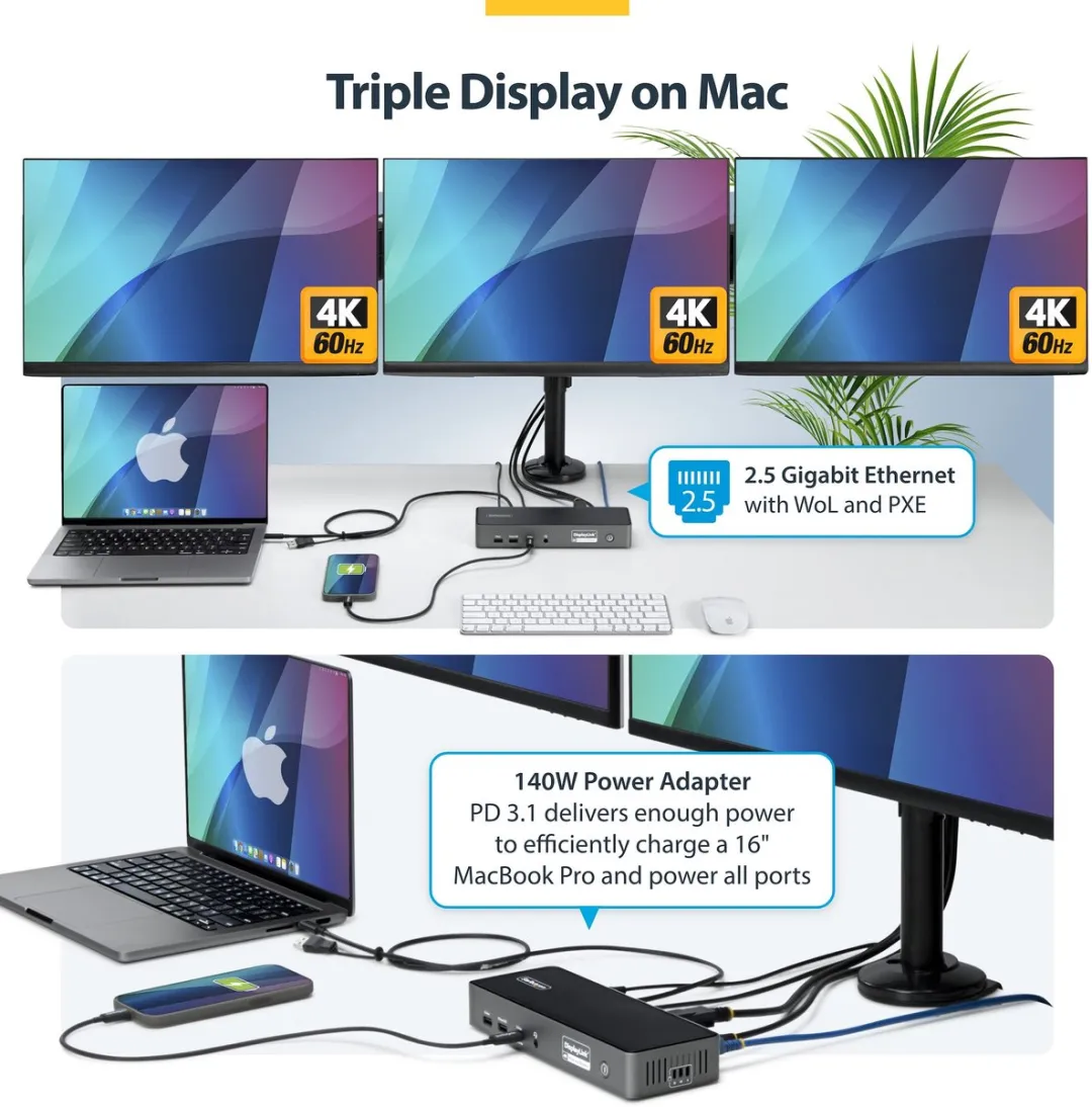 Startech DK30C2DPEPRUE Triple-Monitor USB-C Dock - 140W - Grijs
