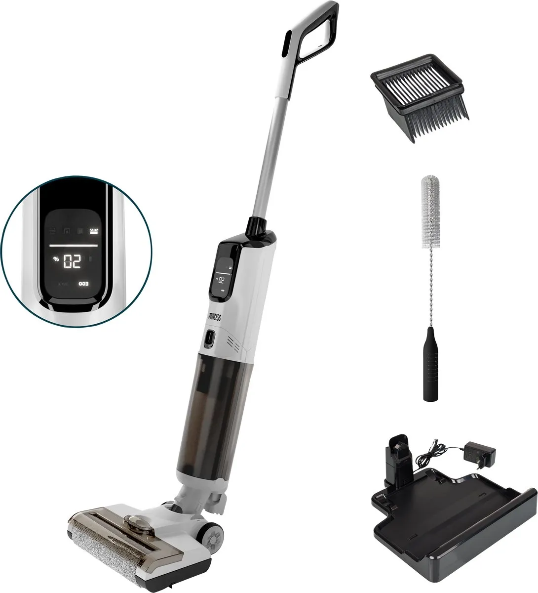 Princess 337010 AquaMotion Plus Vloerreiniger 4in1 - Draadloos - BLDC Motor - 25,9 V - Stofzuigt, wast en droogt tegelijkertijd - elektrische dweil - Reinigingsmachine - Floor washer - 50 min accuduur