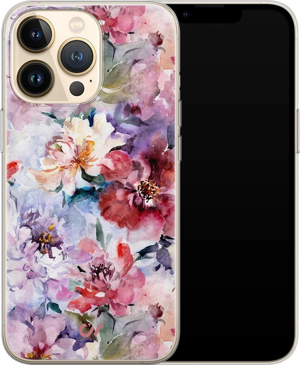 Casevibes iPhone 13 Pro Hoesje - Roze Bloemen Acryl