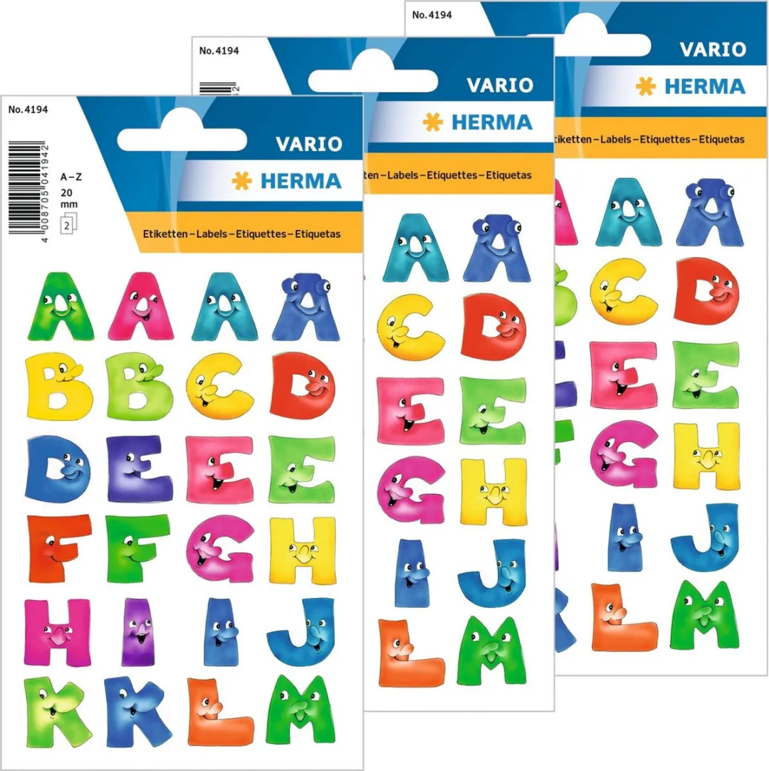 Herma Alfabet Stickers met Gezichtjes 96 Stuks - 28mm - Multi - 4 Vellen