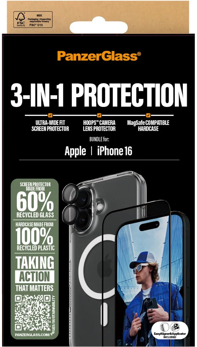 PanzerGlass iPhone 16 3-in-1 Beschermset - Doorzichtig