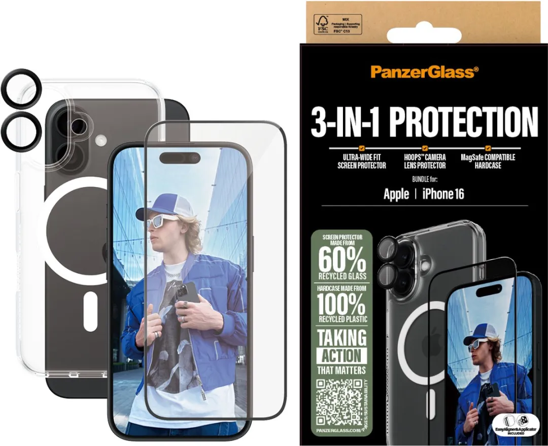 PanzerGlass iPhone 16 3-in-1 Beschermset - Doorzichtig