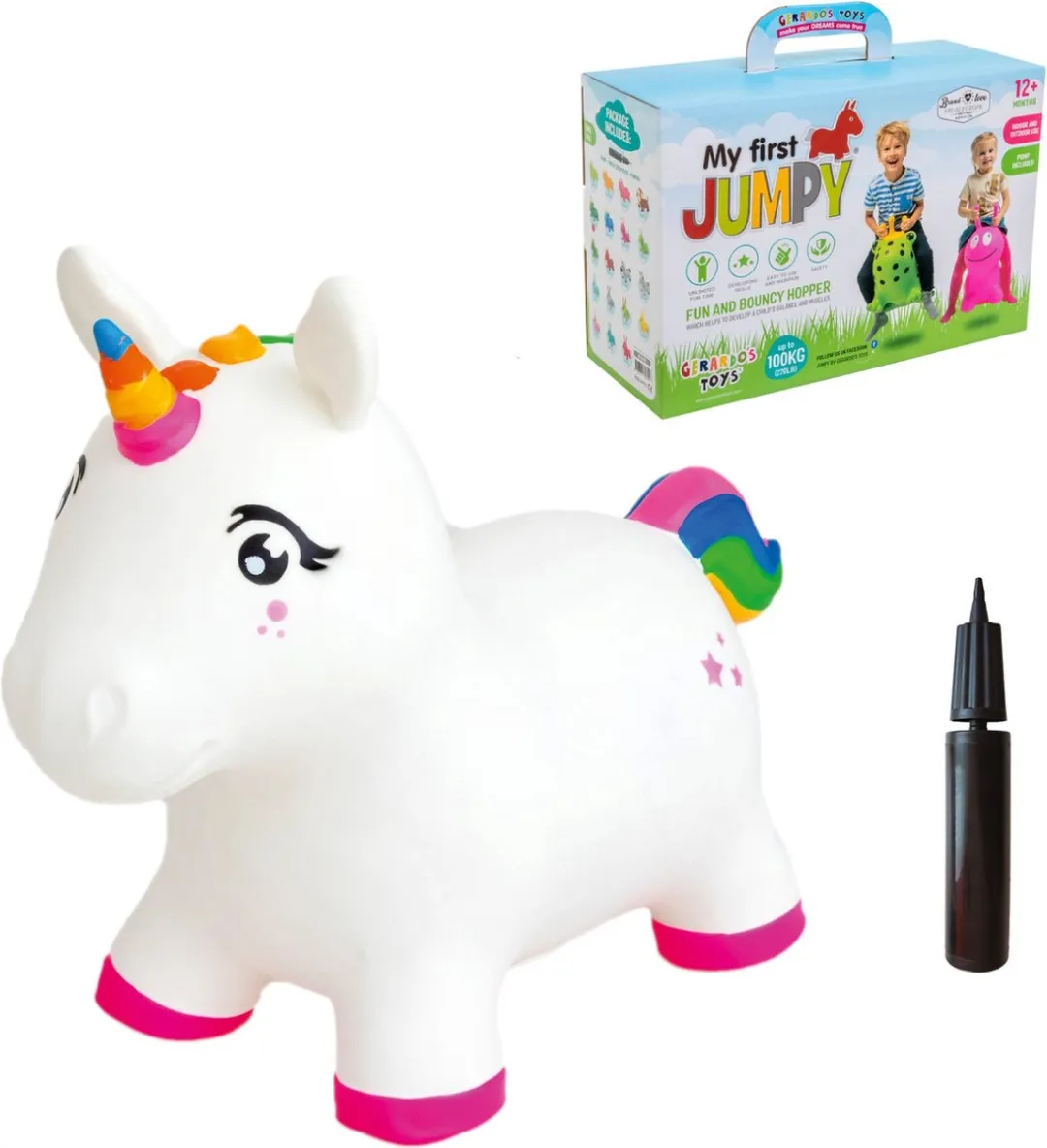 Jumpy - Eenhoorn wit – roze - Hopper 100 kg belastbaar - Speelgoed Skippybal - Skippy Dieren - Skippybal Haas - Kinderspeelgoed - Speelgoed 12 maanden - Inclusief Pomp - Tot 100 kg Gewicht - Skippy bal - Cadeau kind - voedselveilige materialen