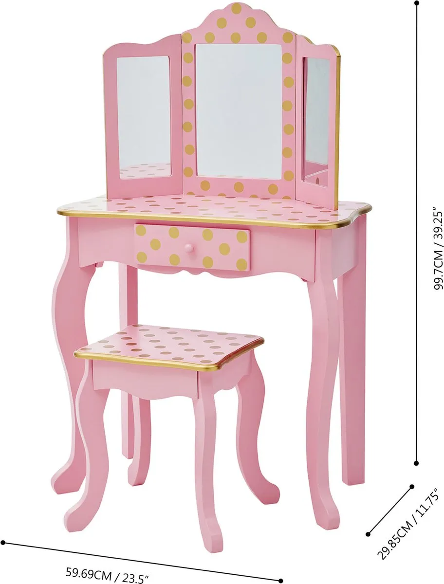 Teamson Kids Houten Kaptafel Polka Dot - Roze/Goud