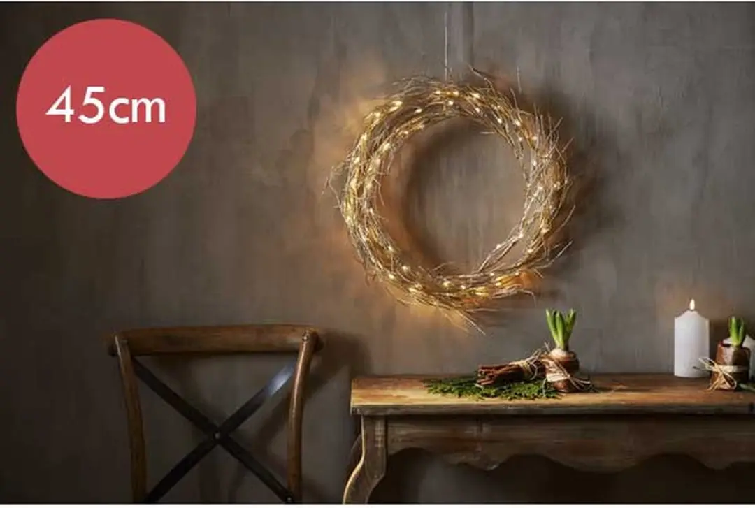 Gouden kerstkrans / deurkrans met 50 LED lampjes