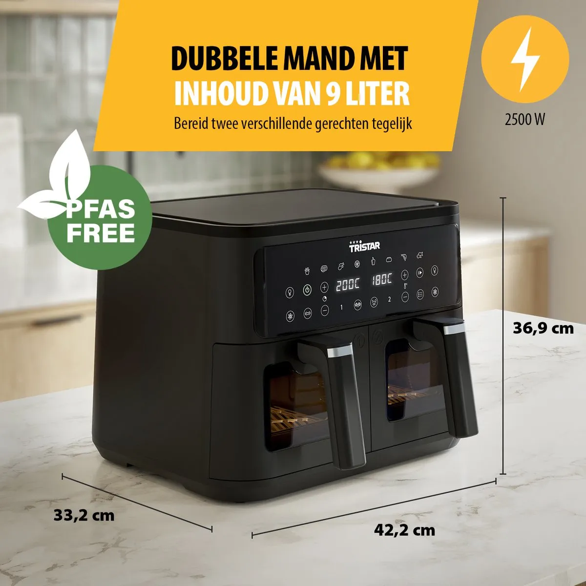 Tristar Dubbele Airfryer FR-9429 - 2x 4,5 Liter - Dubbele Mand - Kijkvenster - 9L - 2500W