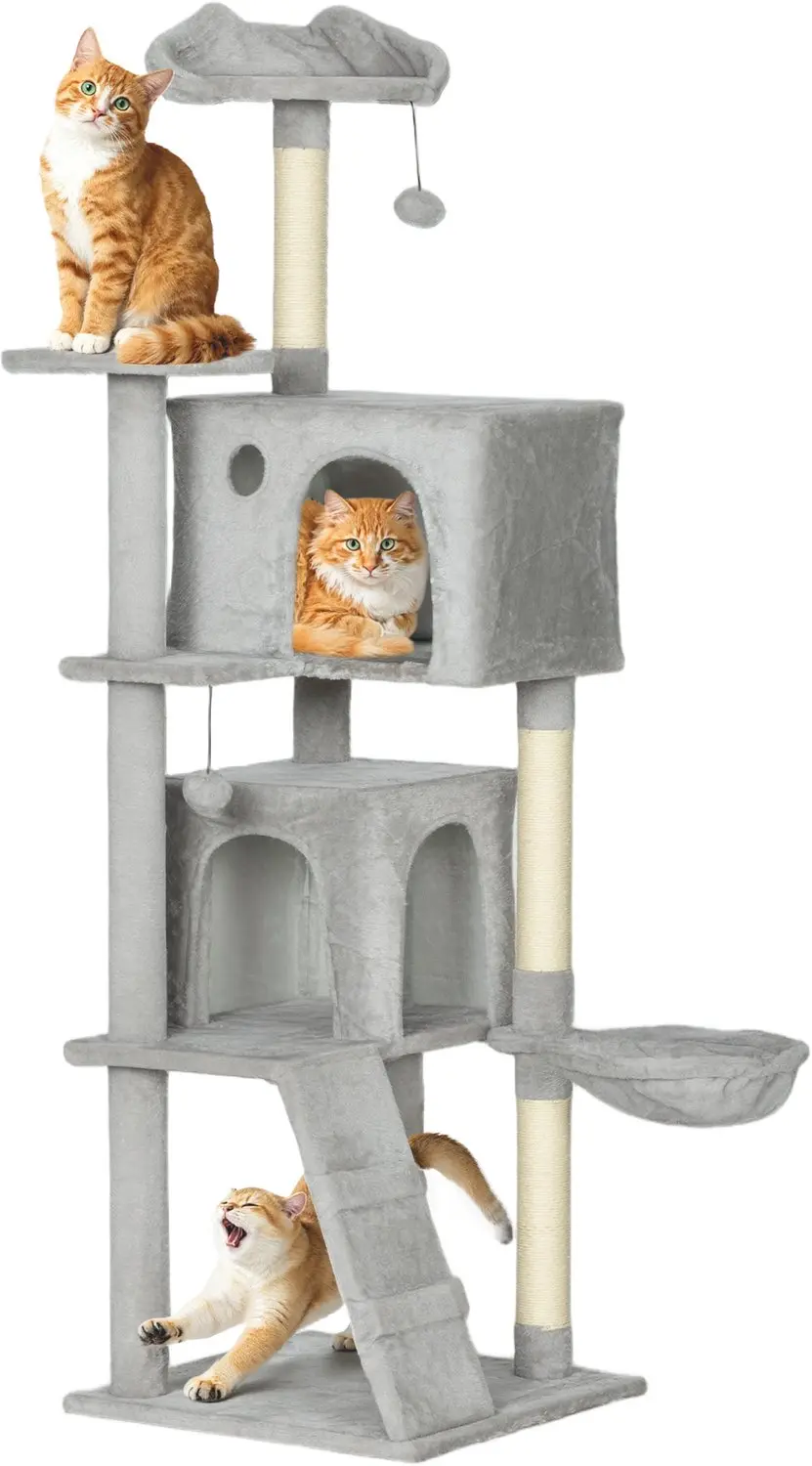 PawHut Kattenboom Spaanplaat, Polyester 48L x 48B x 160H cm Lichtgrijs
