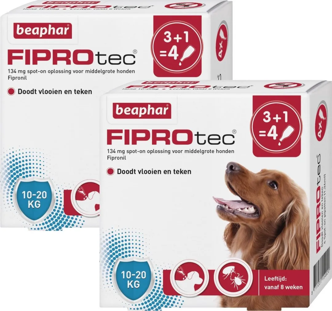 Beaphar Fiprotec Dog 3+1 Pipetten - 2x4 Stuks 10-20kg