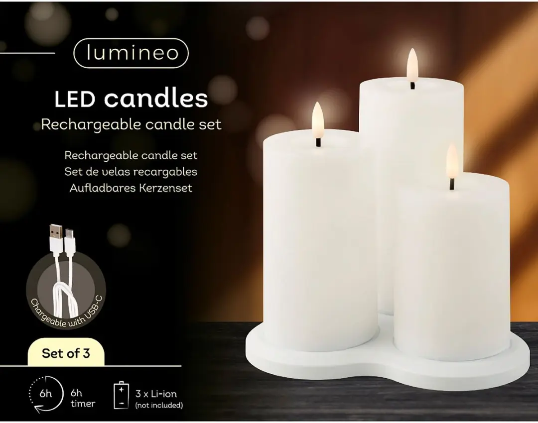 Lumineo Oplaadbare LED Wax Kaarsen 3 Stuks - ø7,5x17,5cm - afbeelding 2 van 5