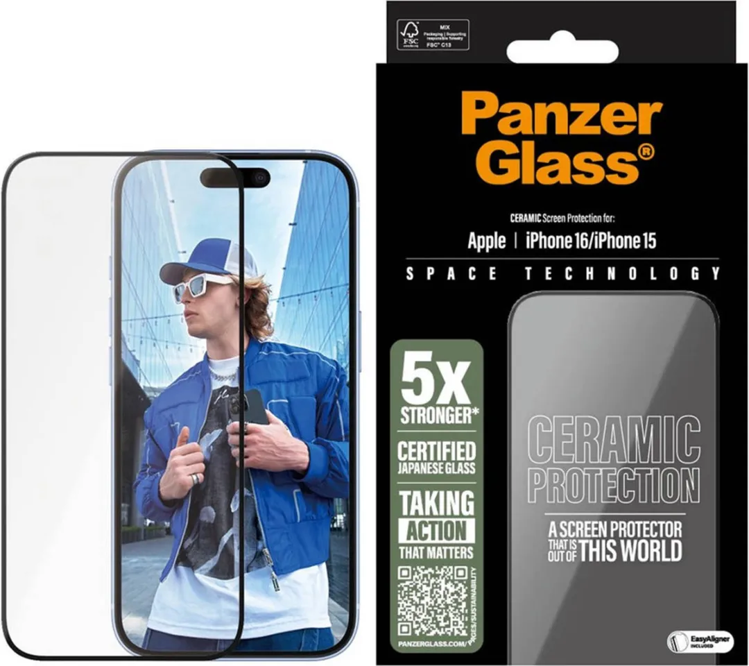 PanzerGlass Screenprotector geschikt voor Apple iPhone 16 Glazen | PanzerGlass Ceramic Screenprotector - Case Friendly