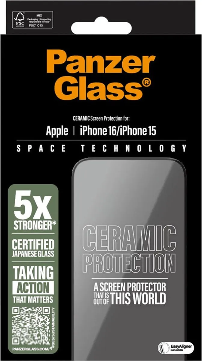 PanzerGlass Screenprotector geschikt voor Apple iPhone 16 Glazen | PanzerGlass Ceramic Screenprotector - Case Friendly