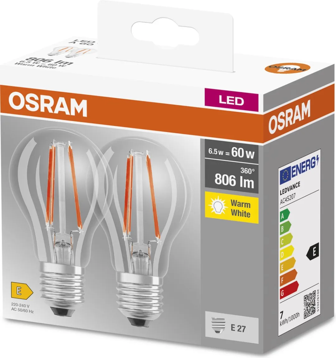 Osram BASE CLASSIC A FIL 60 LED E27 6,5W 806lm Warm Wit - afbeelding 6 van 6