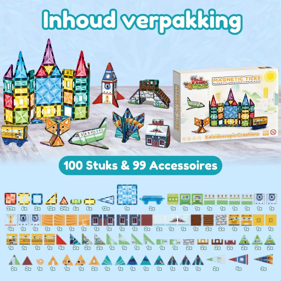 Fits4Kids Magnetic Tiles Kaleidoscopic Creations 100 Stuks - Diverse Kleuren