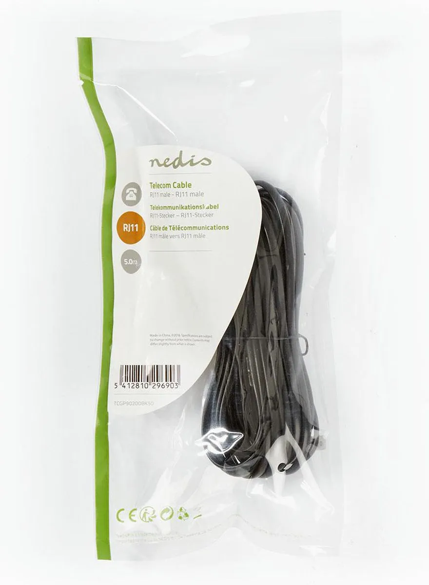 Nedis TCGL90200BK50 Telecomkabel RJ11 - 5m - Plat - Goud - Zwart