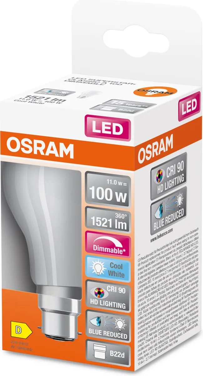 Osram Superstar LED Lamp B22d Mat Koelwit 11W 1521 Lumen - afbeelding 6 van 6