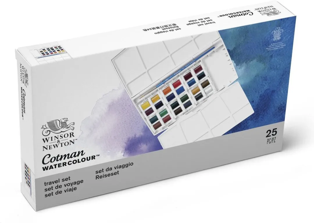 Winsor & Newton Cotman Travel Aquarelverfset 24 Halve Napjes - met Penseel & Palet