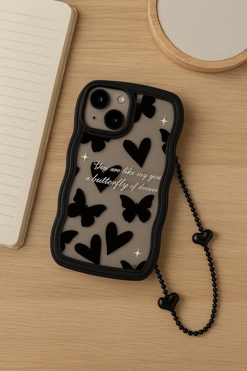 NUVEX Golvend Hoesje iPhone 13 Pro - Hartjes & Vlinders Patroon - Zwart