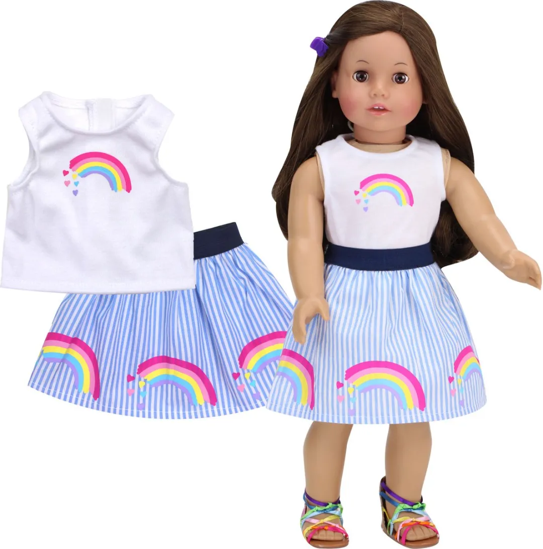 Sophia's Poppenkledingset voor Modepop - Shirt en Rok - Poppen Accessoires - Regenboog/Wit