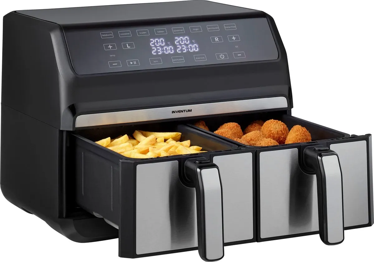 Inventum GF800HLD Dubbele Airfryer 1700W - 2x4L - 8 Programma's - Zwart/RVS
