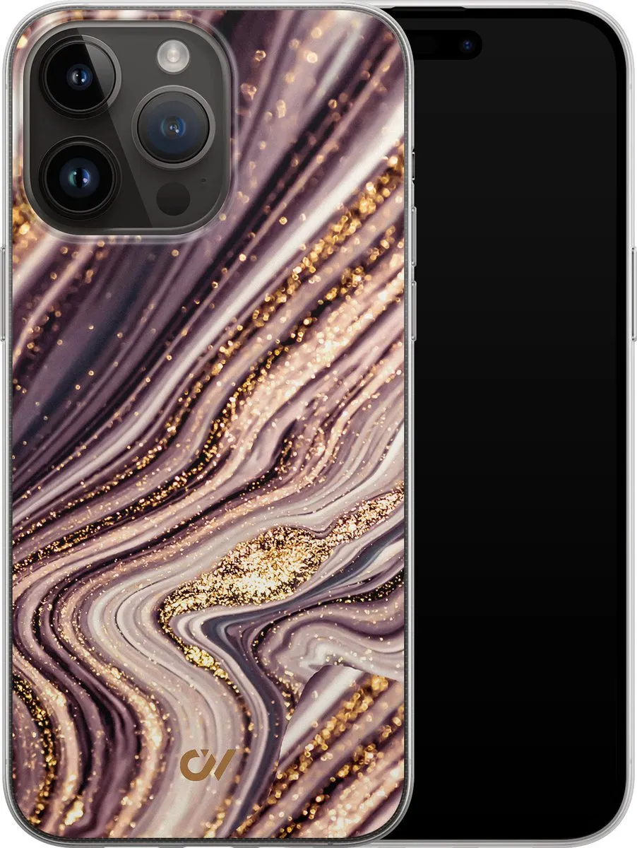 Casevibes iPhone 14 Pro Max Hoesje - Golden Pink Marble - Paars
