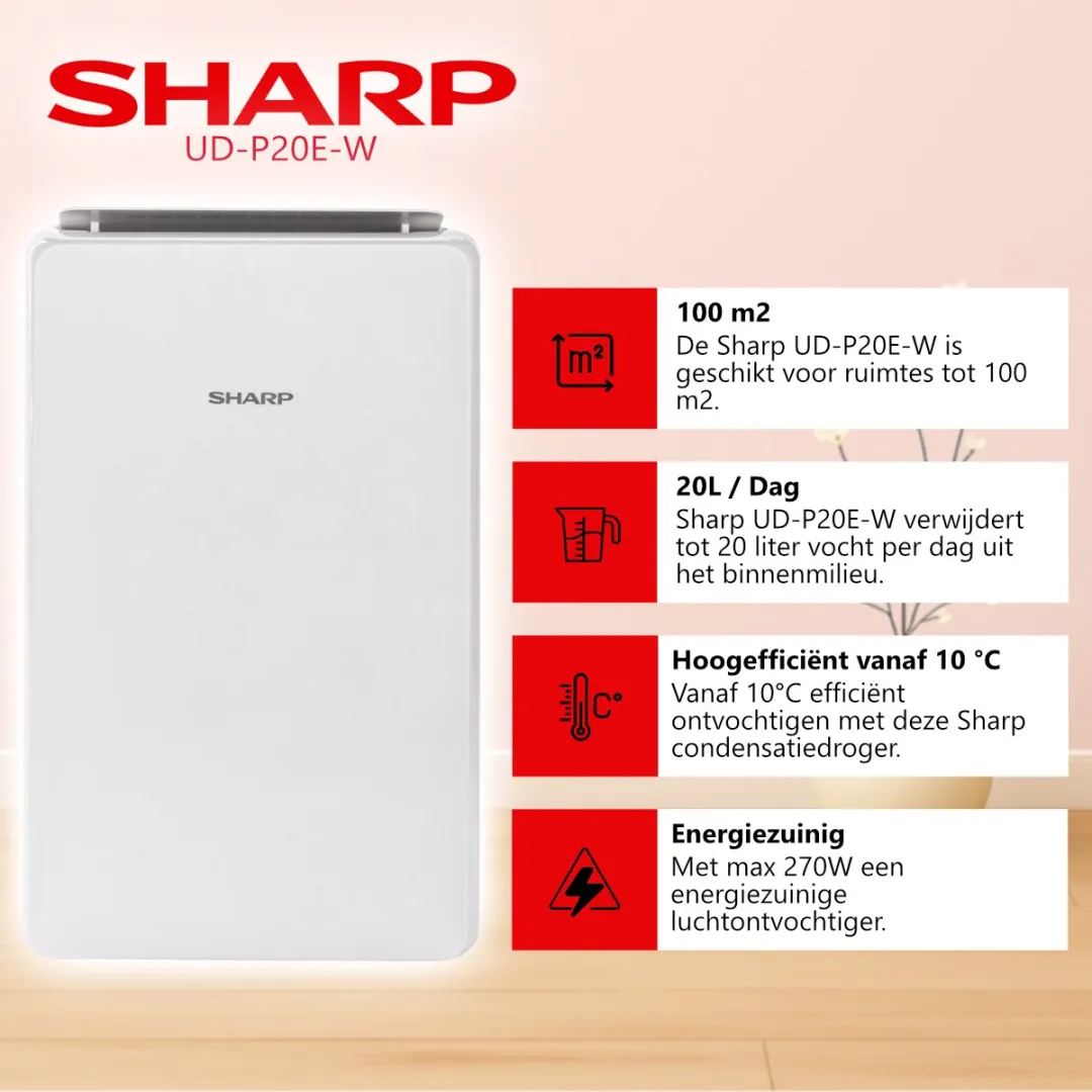 Sharp UD-P20E-W Luchtontvochtiger 270W - 3.8L - Wit