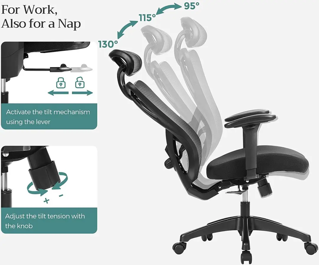 Ergonomische Bureaustoel met Lendensteun - Zwart - afbeelding 4 van 6