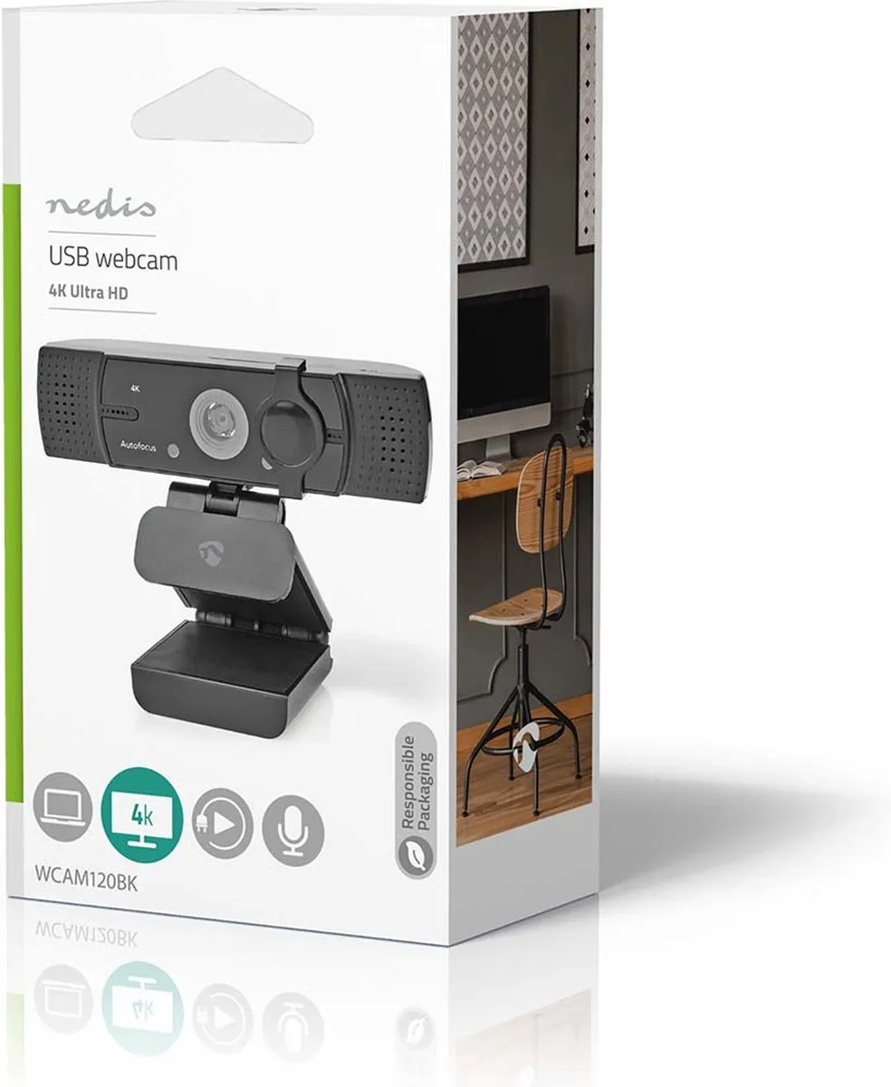 Nedis Webcam – 4K Ultra HD – Webcam voor PC – Autofocus – Microfoon – Zwart