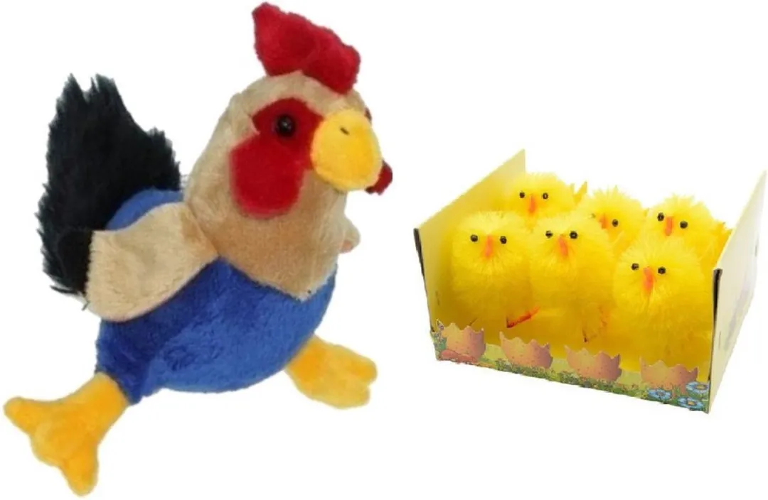 Decoris Pluche Kippen & Hanen Knuffel 20cm + 6x Mini Kuikentjes 6,5cm