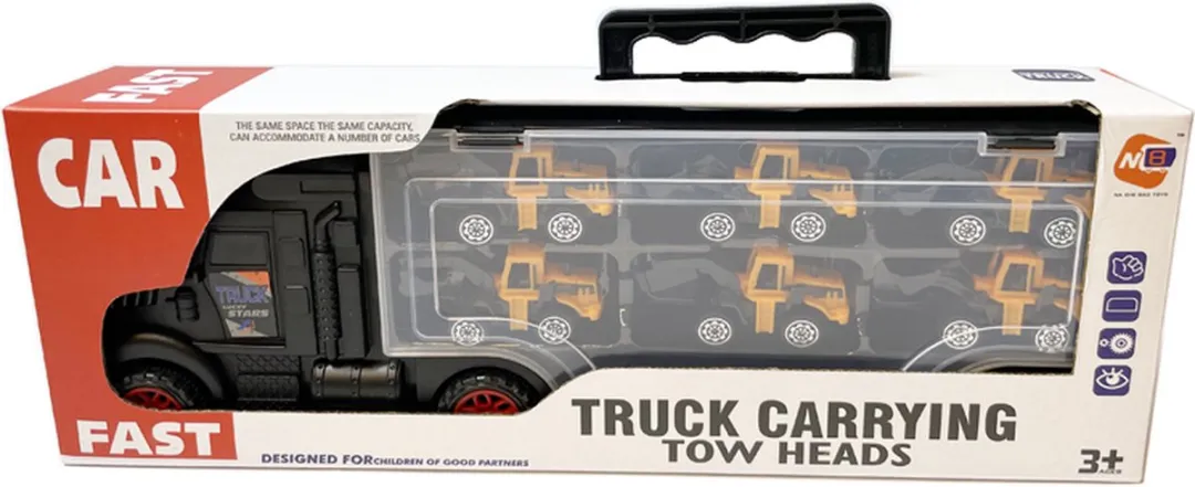Bouw vrachtwagen transporter truck - speelgoed mini werkvoertuigen - transporter 6-delig set koffer - Oplegger - 34cm