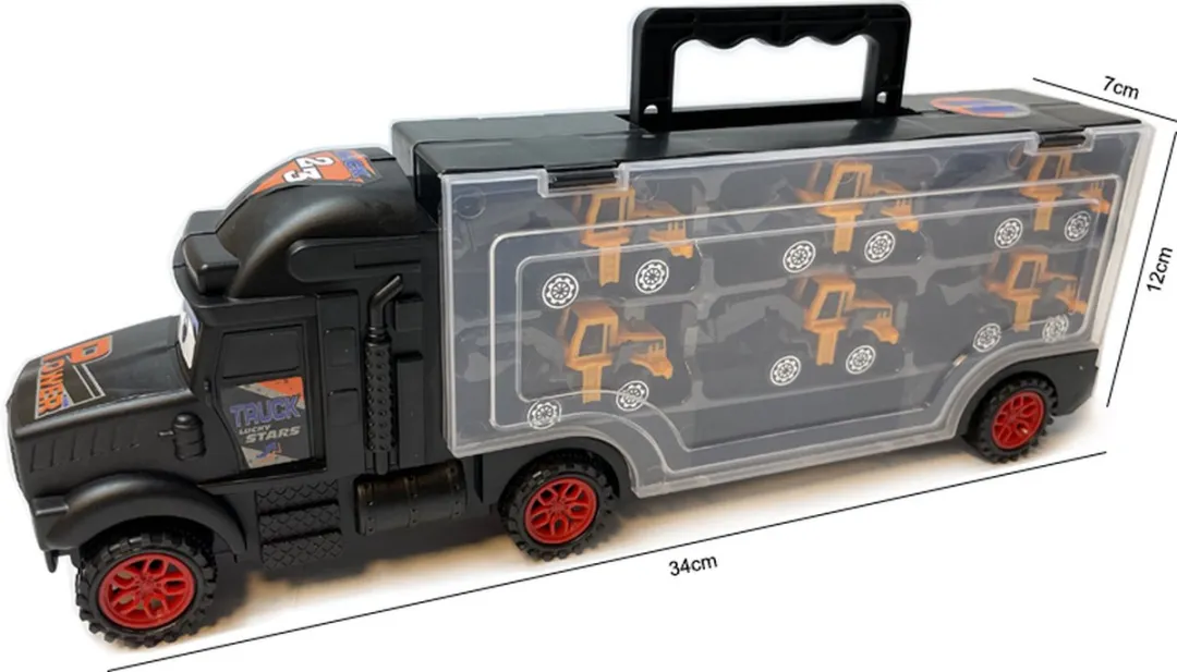 Bouw vrachtwagen transporter truck - speelgoed mini werkvoertuigen - transporter 6-delig set koffer - Oplegger - 34cm
